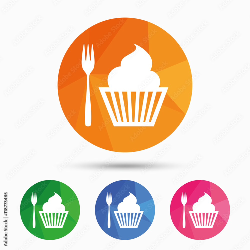 Eat sign icon. Dessert fork with muffin. Eat sign icon. Dessert fork with muffin.