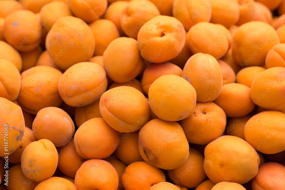 freshly picked organic apricots on display at the farmers market, background texture