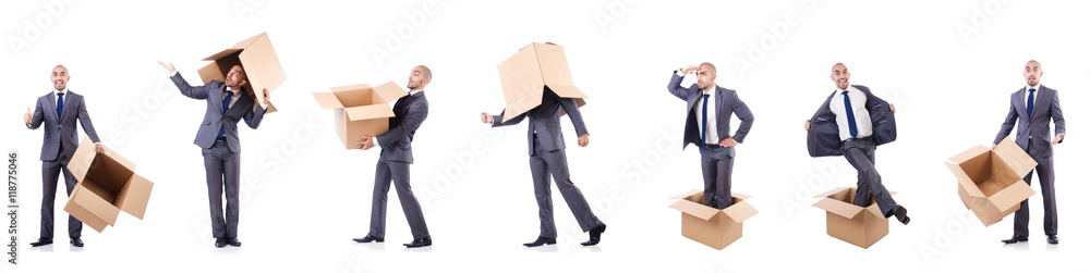 Collage of photos with man and boxes Collage of photos with man and boxes