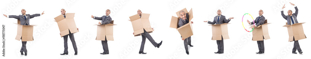 Collage of photos with man and boxes Collage of photos with man and boxes