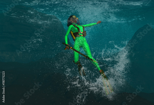 Diver Under The Ocean Waters 3d Rendering