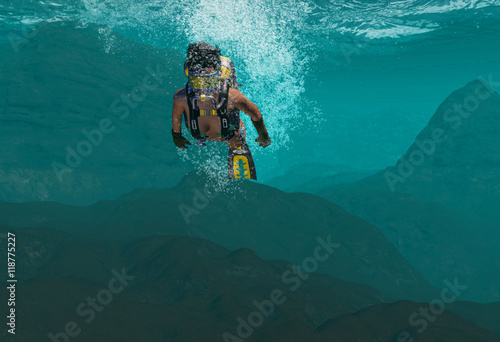 Diver Under The Ocean Waters 3d Rendering © studio1media