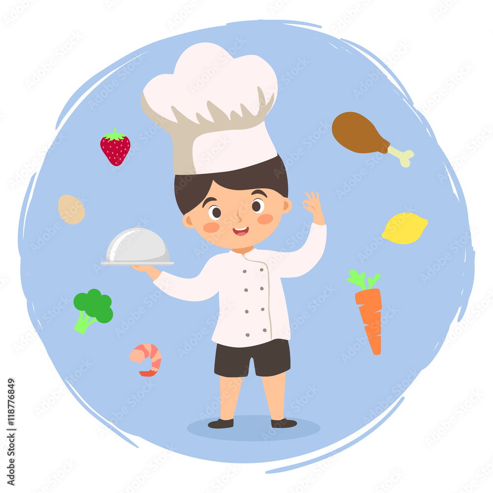 Vector illustration of a boy in chef uniform hat holding food tray surrounded by ingredients Vector illustration of a boy in chef uniform hat holding food tray surrounded by ingredients