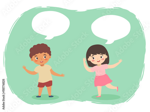Vector illustration of boy girl kids talking with speech bubble.