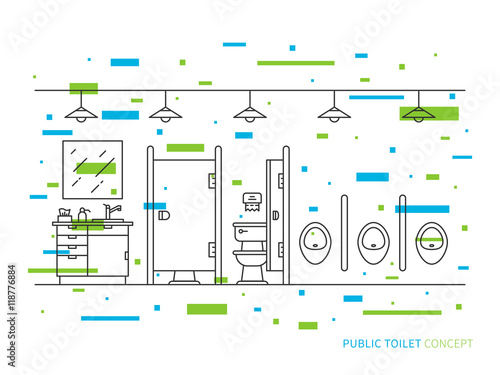 Toilet room vector illustration. Public toilet line art concept. Restroom with cupboard, sink, mirror, toilet bowl, urinals outline graphic design.