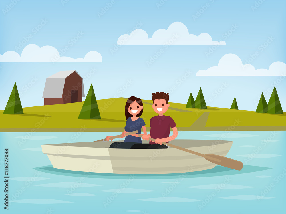 Boy and girl are sailing on a boat. Young couple is  relaxing on