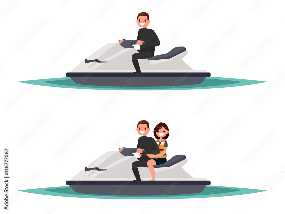 Set of man on the jet ski one and  with woman. Vector illustrati