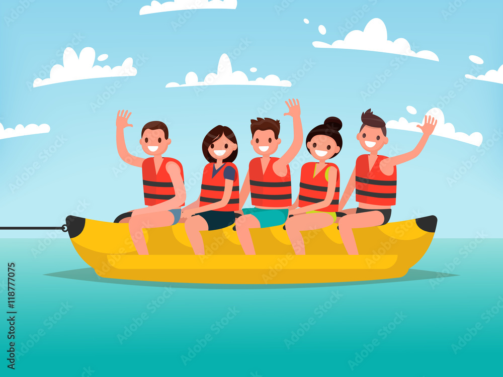 Summer water fun. Men and women ride on a banana boat. Vector il