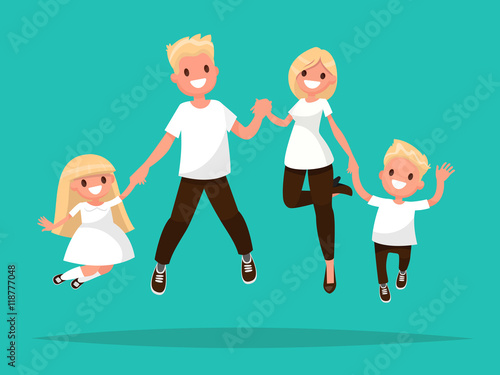 Happy blond  family is jumping. Vector illustration