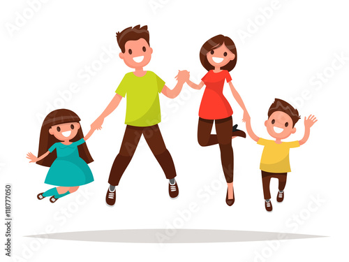 Happy family is jumping. Father mother daughter and son holding