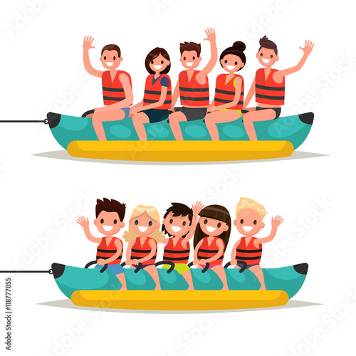 Set adults and children ride on a banana boat. Vector illustrati