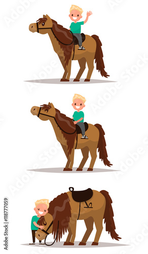 Set boy with a horse. Boy riding on horseback. Boy hugging a hor