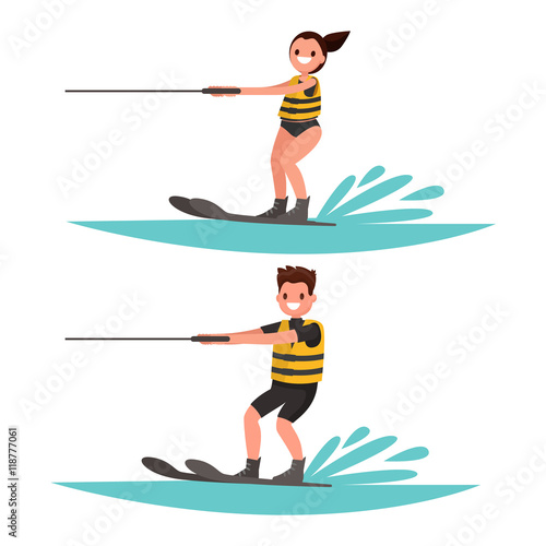 Set man and woman water-ski. Vector illustration