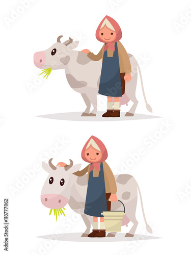 Set grandmother with a cow. Illustration rustic dairy products.