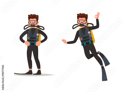 Set of diver posing and under water. Vector illustration photo