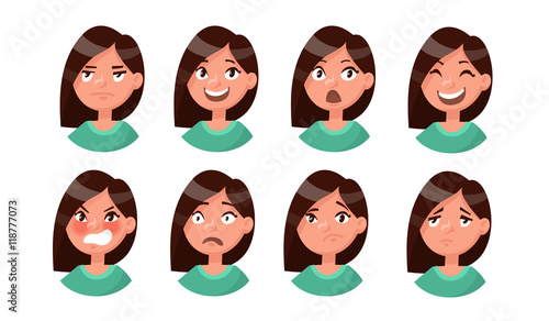 Set of woman's emotions. Facial expression. Girl Avatar. Vector