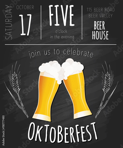 Vector illustration of hand drawn oktoberfest poster with two flat beer mugs on chalkboard