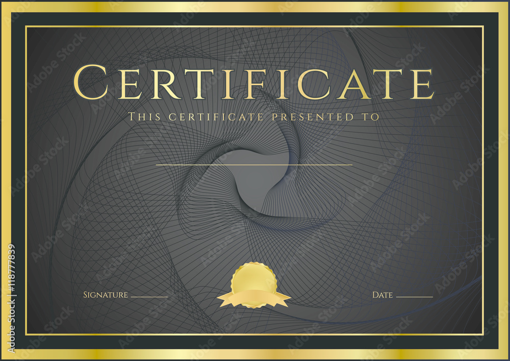 Certificate, Diploma of completion (design template, background) with  guilloche pattern (watermark), rosette, border, frame. Black, gold  Certificate of Achievement / education, coupon, award, winner Stock Vector  | Adobe Stock