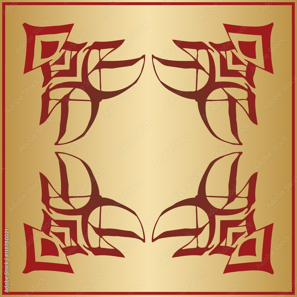 abstract decor Chinese writing element geometric shapes formed by intersecting lines of dark red color on a yellow background abstract decor Chinese writing element geometric shapes formed by intersecting lines of dark red color on a yellow background