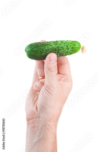 hand holding cucumber isolated on white background
