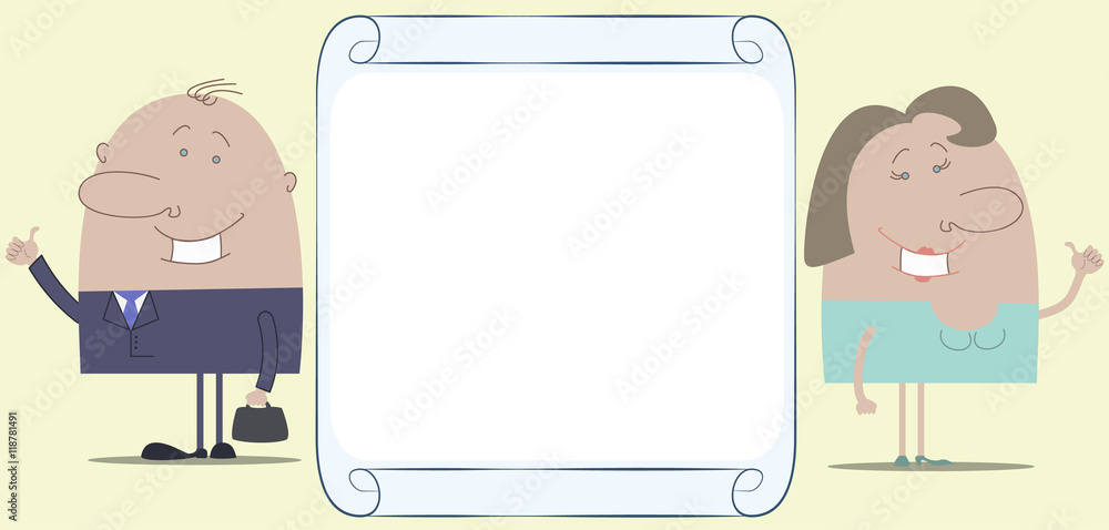 Funny man and woman standing , smiling endorsing choice Funny man and woman standing , smiling endorsing choice