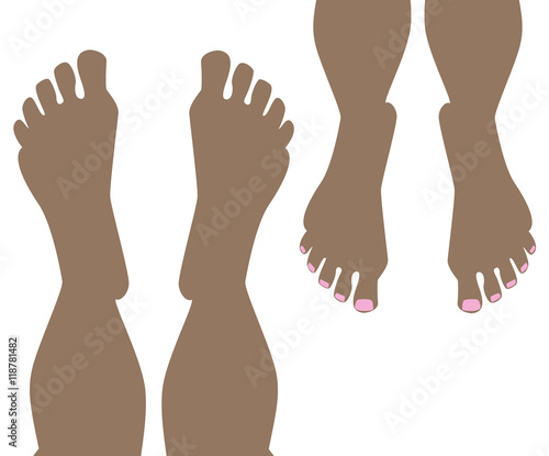 Male and female feet side by side on a white background , top vi