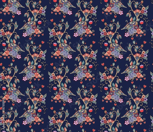 Vintage seamless pattern with decorative flowers, birds and hearts on dark blue background. Can be used for wallpapers, textiles, fabrics, textures, wrapping paper, card, invitation.
