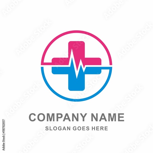 Medical Pharmacy Geometric Cross Cardiogram Vital Sign Vector Logo Design Template
