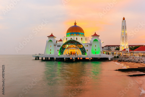 MALACCA, MALAYSIA - AUGUST 12, 2016:Melaka Strait Mosque (Masjid Selat), Malacca, Malaysia taken during sunset