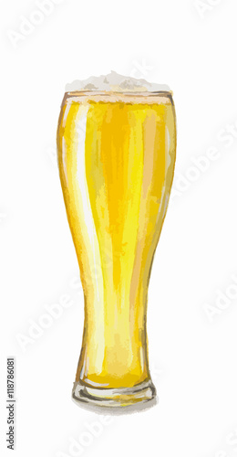 Watercolor beer glass on white background. Concept of bar, pub, beer demonstration and Oktoberfest.