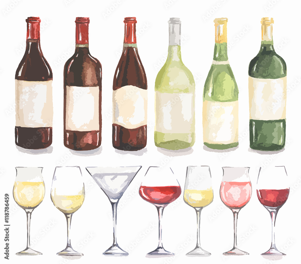 Fototapeta premium Watercolor wine bottles and glasses set. Beautiful bottles and glasses for decoration menu in restaurant or cafe. Alcoholic beverage.