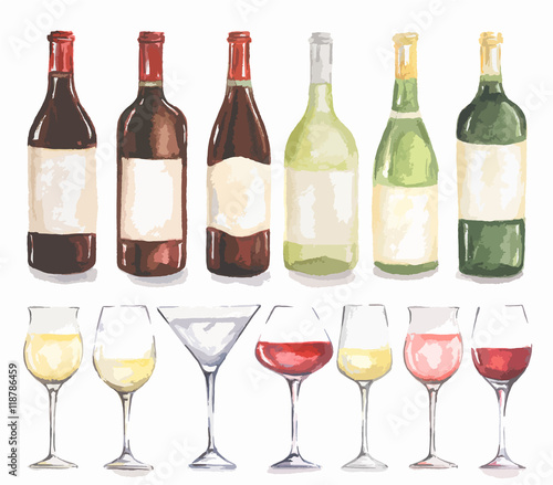 Watercolor wine bottles and glasses set. Beautiful bottles and glasses for decoration menu in restaurant or cafe. Alcoholic beverage.