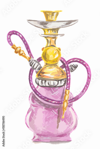 Watercolor colorful hookah. Eastern exotic smoking pipe with turkish ornament. Beautiful art for decoration.