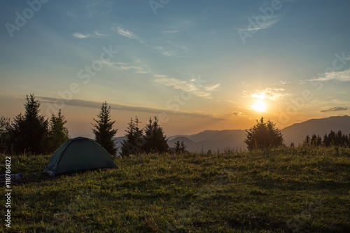 Sunrise in the mountain. Camping. Tian-Shan. Kazakhstan