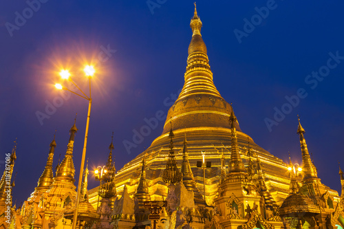 Myanmar famous sacred place and tourist attraction landmark. Shwedagon pagoda at night in Yangon, Myanmar