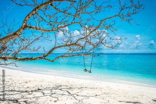 Fototapeta Naklejka Na Ścianę i Meble -  Swing on beautiful tropical island white sand beach summer holiday - Travel summer vacation concept.
