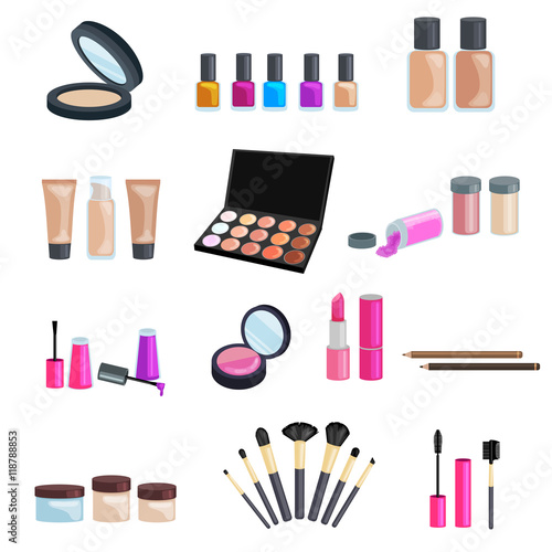 Sets of cosmetics on isolated background. Nail polish, mascara, lipstick, eye shadows,brush, powder