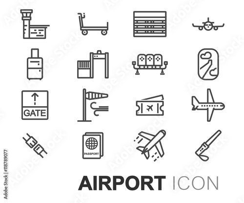 Vector black line airport icons set