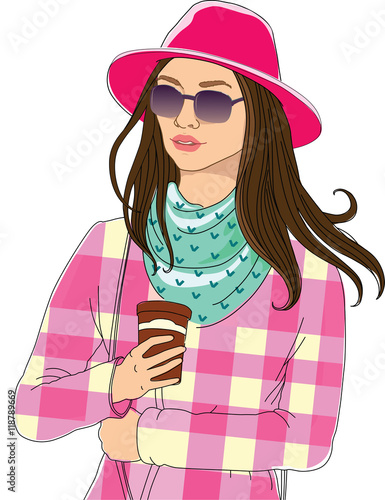 Beautiful young  women girl  fashion  jacket in glasses and hat with cap of coffee. hipster stile Vector hand drawn isolated illustration. 