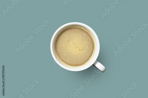 hot coffee in white cup on color background