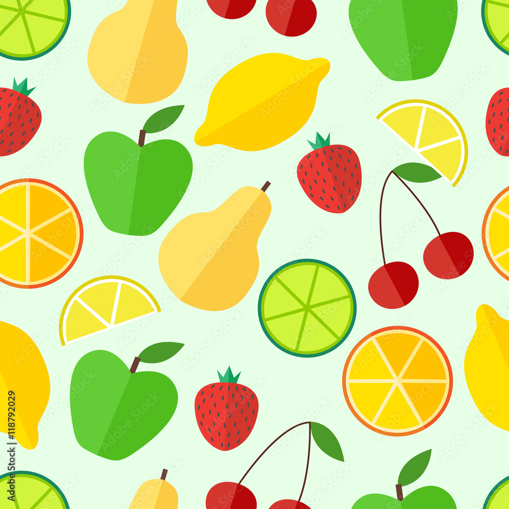 Fruits and berries. Flat design. Seamless pattern. Vector illustration. Fruits and berries. Flat design. Seamless pattern. Vector illustration.