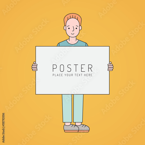 Young red hair man holds poster. Simple outline design.