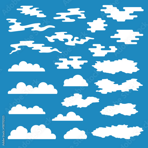 Cloud icons set, different styles clouds, clouds symbols, white clouds on blue background vector illustration