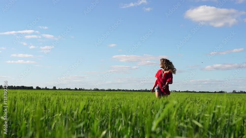 Happy woman enjoying nature beautiful blonde run on the field. Freedom concept. HD Happy woman enjoying nature beautiful blonde run on the field. Freedom concept. HD