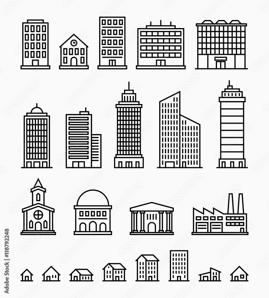 Line building icons, set of outline buildings, make your own city with these buildings, trendy outline design, vector buildings