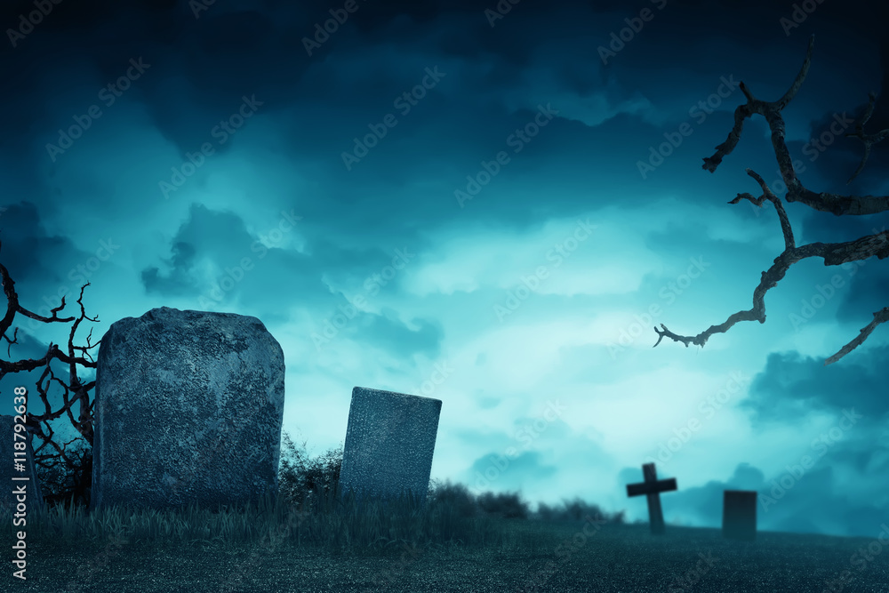 Fototapeta premium Creepy atmosphere in the cemetery with tombstone