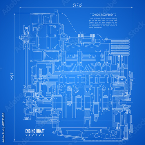 blueprint engine, project technical drawing on the blue background. stock vector illustration eps10