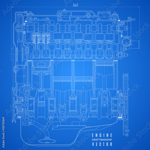blueprint engine, project technical drawing on the blue background. stock vector illustration eps10