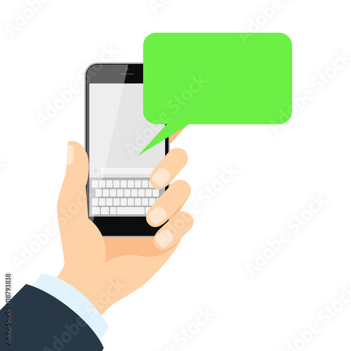 Smartphone with message. Isolated hand holding smartphone with blank template message bubble on white background.