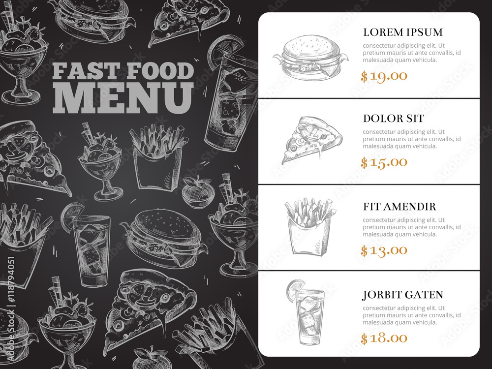 Restaurant brochure vector menu design with hand-drawn fast food